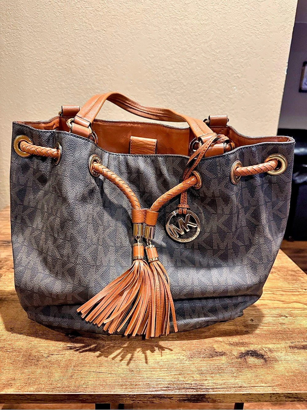 Michael Kors Leather Trim Tassel Hobo in Black & Brown